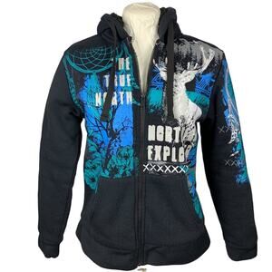 Y2K Retro Graphic Hoodie Womens S Zip Native American Deer Heavy Sherpa Lined